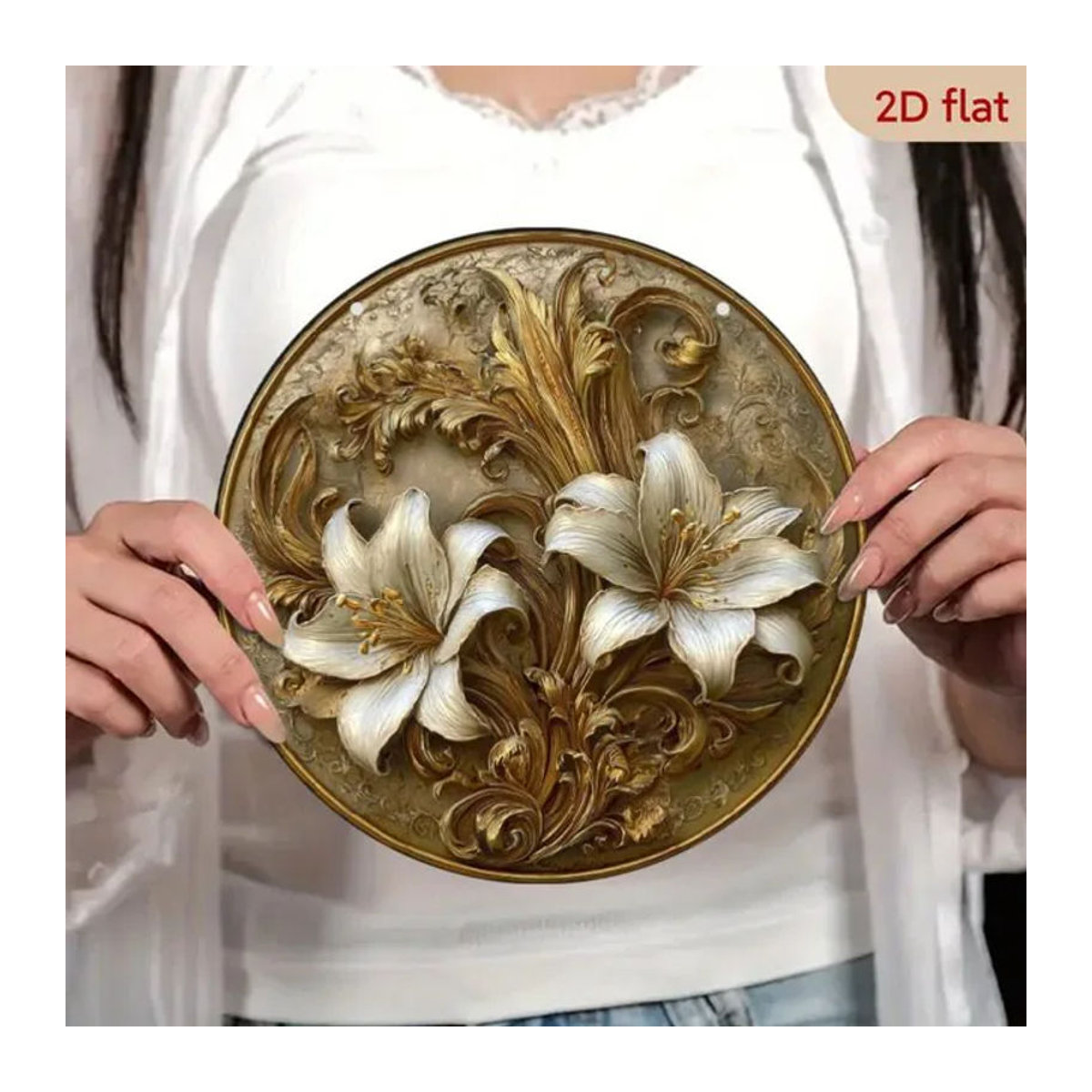 CIFBUY Runde Aluminium-Wandkunst mit floralem Design in Weiß, Beige und Gold, Durchmesser: 20,32 cm - Bild 1