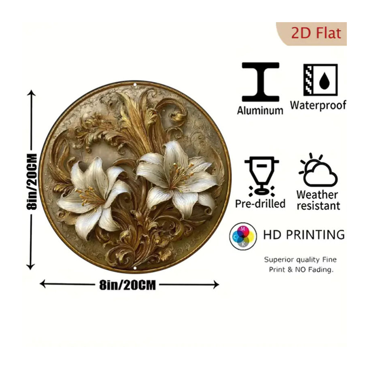 CIFBUY Runde Aluminium-Wandkunst mit floralem Design in Weiß, Beige und Gold, Durchmesser: 20,32 cm - Bild 2
