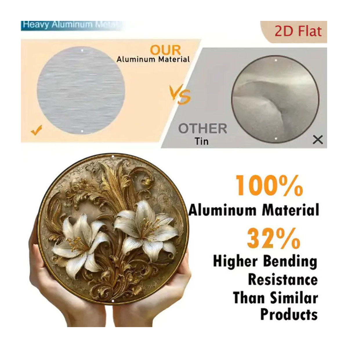 CIFBUY Runde Aluminium-Wandkunst mit floralem Design in Weiß, Beige und Gold, Durchmesser: 20,32 cm - Bild 3