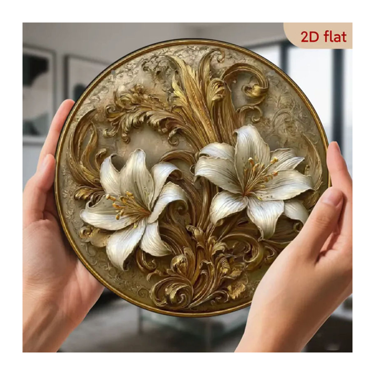 CIFBUY Runde Aluminium-Wandkunst mit floralem Design in Weiß, Beige und Gold, Durchmesser: 20,32 cm - Bild 4
