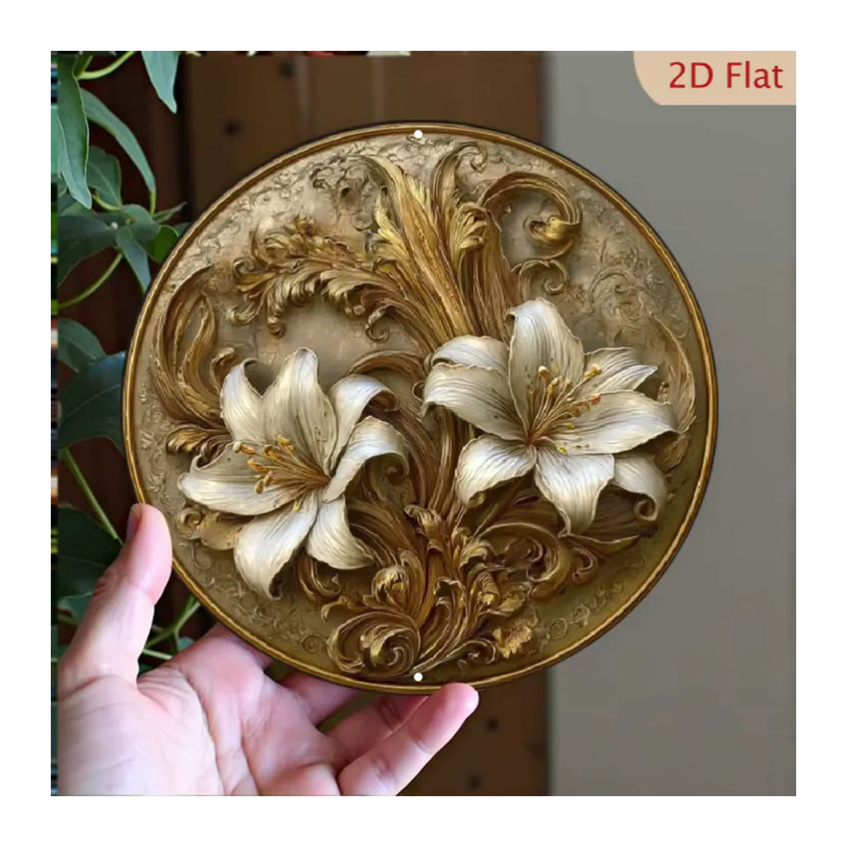 CIFBUY Runde Aluminium-Wandkunst mit floralem Design in Weiß, Beige und Gold, Durchmesser: 20,32 cm - Bild 5