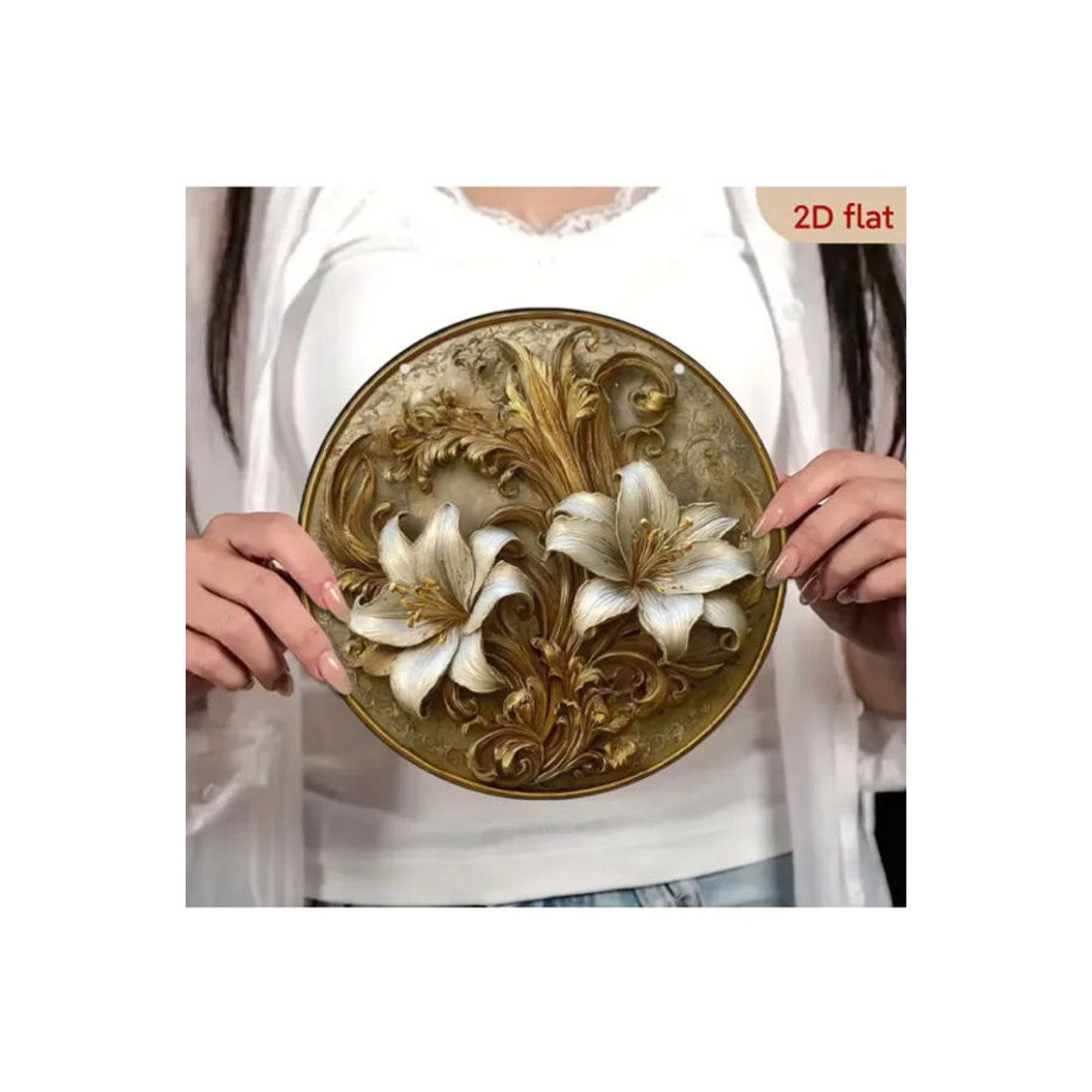 CIFBUY Runde Aluminium-Wandkunst mit floralem Design in Weiß, Beige und Gold, Durchmesser: 20,32 cm - Bild 6