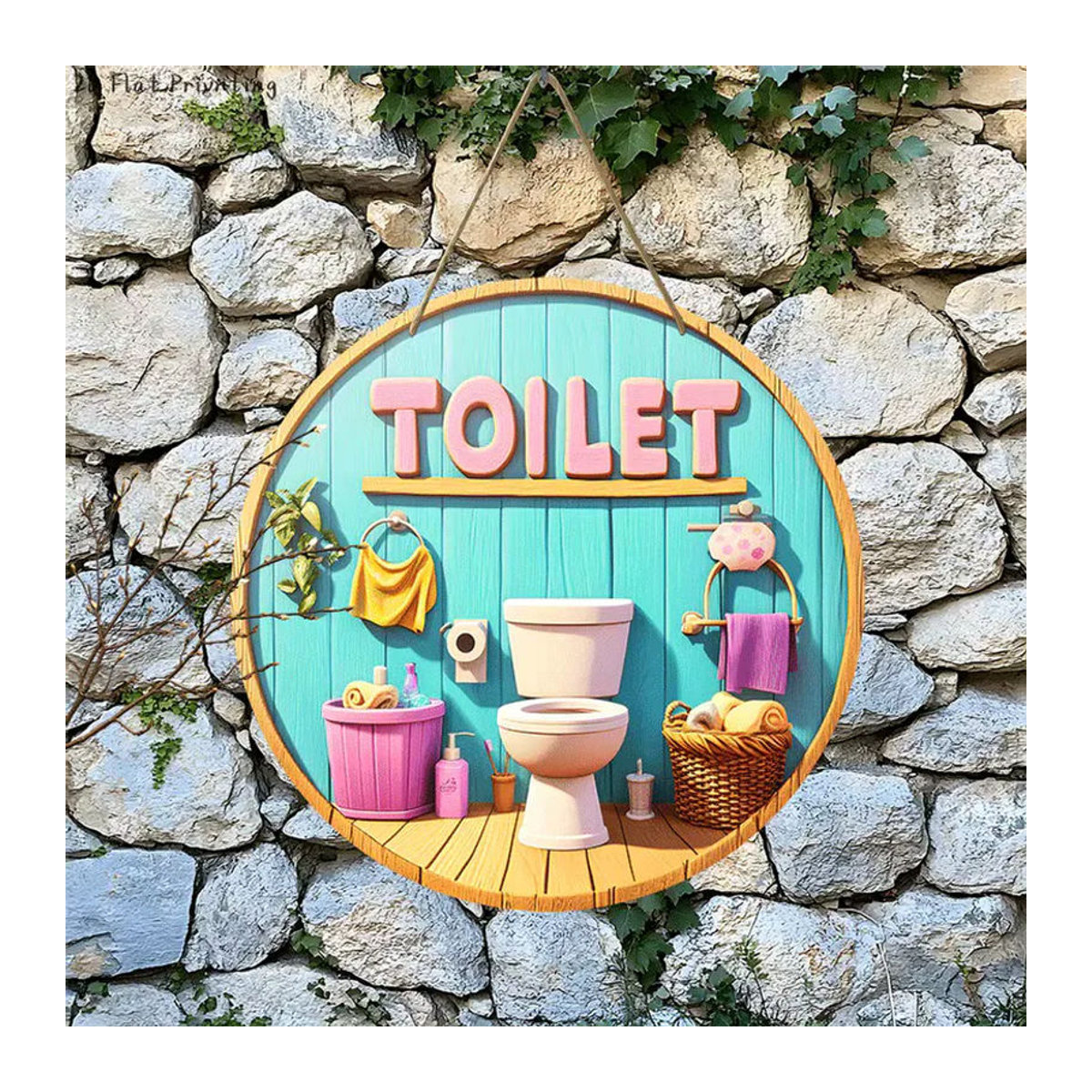 CIFBUY Rundes Toiletten-Holzschild zur Wanddekoration, Mehrfarbig, Hängend mit Schnur - Bild 4