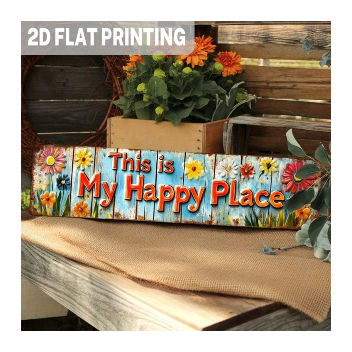 CIFBUY Rustikales Metall-Wandschild This Is My Happy Place mit floralem Vintage-Design, mehrfarbig, B: 39,9 cm, H: 9,9 cm - Bild 1