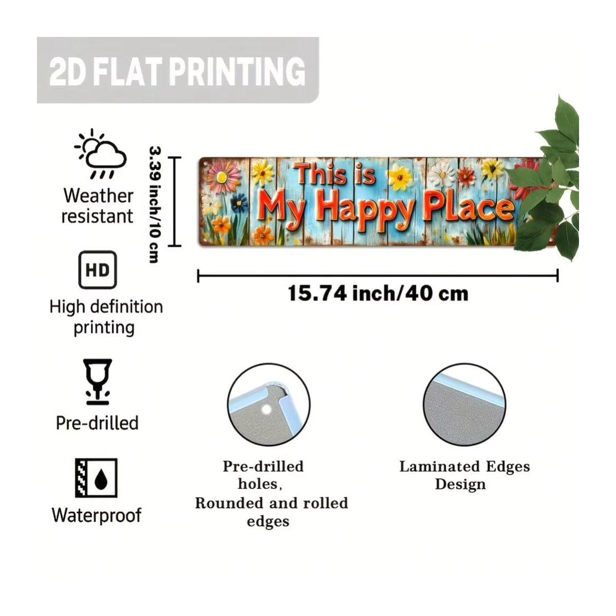 CIFBUY Rustikales Metall-Wandschild This Is My Happy Place mit floralem Vintage-Design, mehrfarbig, B: 39,9 cm, H: 9,9 cm - Bild 2