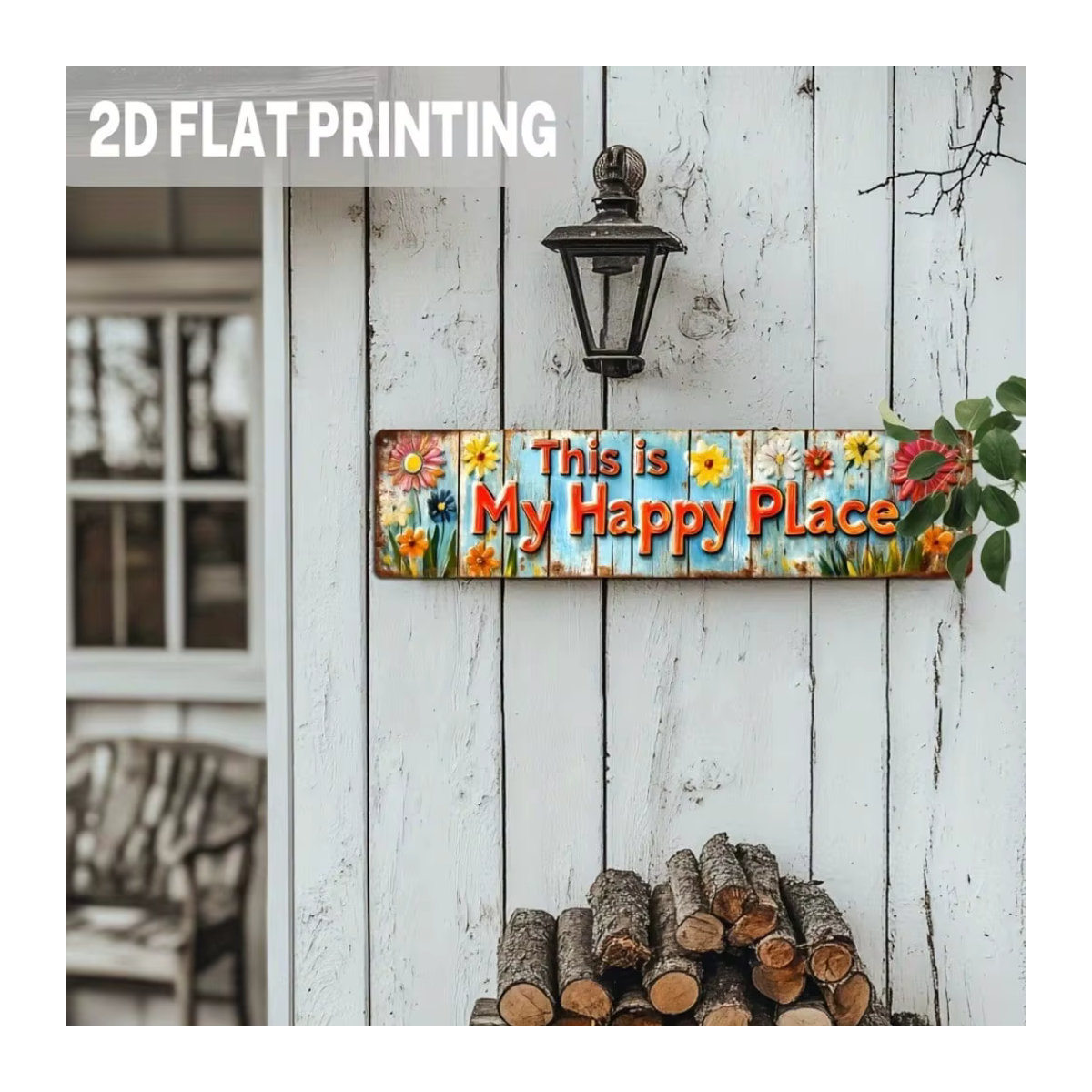 CIFBUY Rustikales Metall-Wandschild This Is My Happy Place mit floralem Vintage-Design, mehrfarbig, B: 39,9 cm, H: 9,9 cm - Bild 4