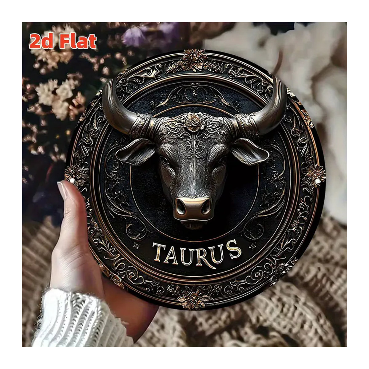 CIFBUY Sternzeichen Stier Wandkunst aus Metall mit goldenem Stierkopf und floralem Muster in Schwarz und Gold - Bild 5
