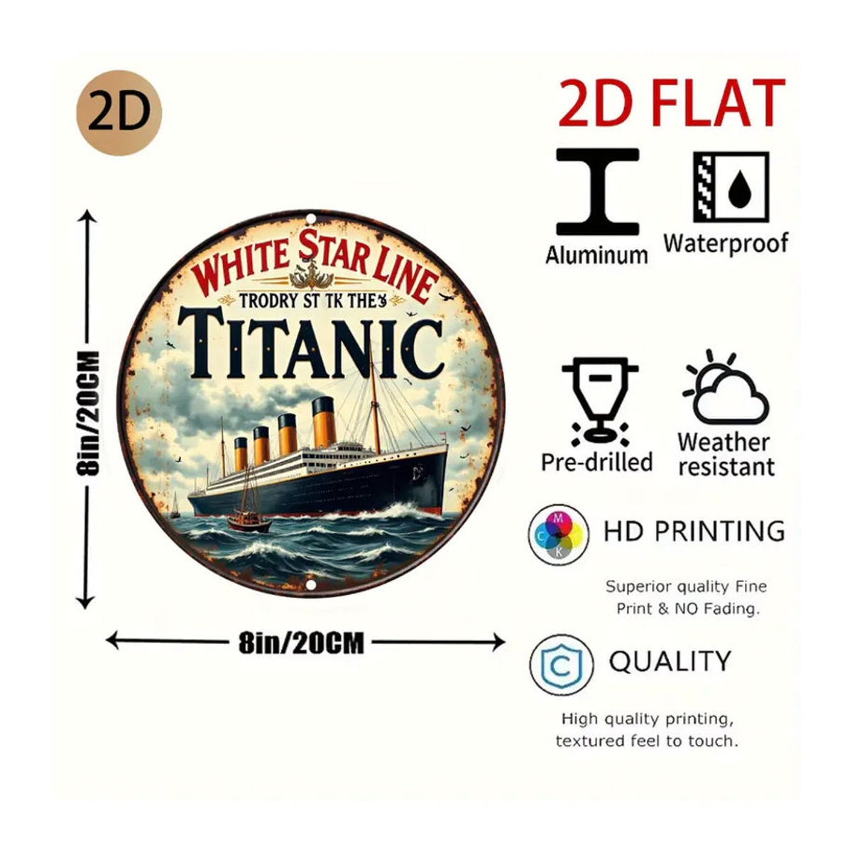 CIFBUY Titanic-Schiff Vintage Metall-Blechschild, runde Wanddekoration in Mehrfarbig - Bild 2