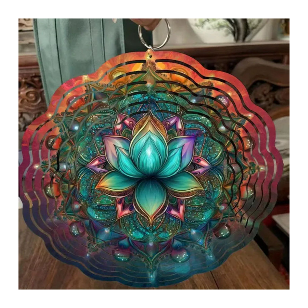 CIFBUY Türkisfarbenes 3D Lotus Mandala Windspiel aus Metall in Mehrfarbig für Garten und Innenbereich - Bild 4