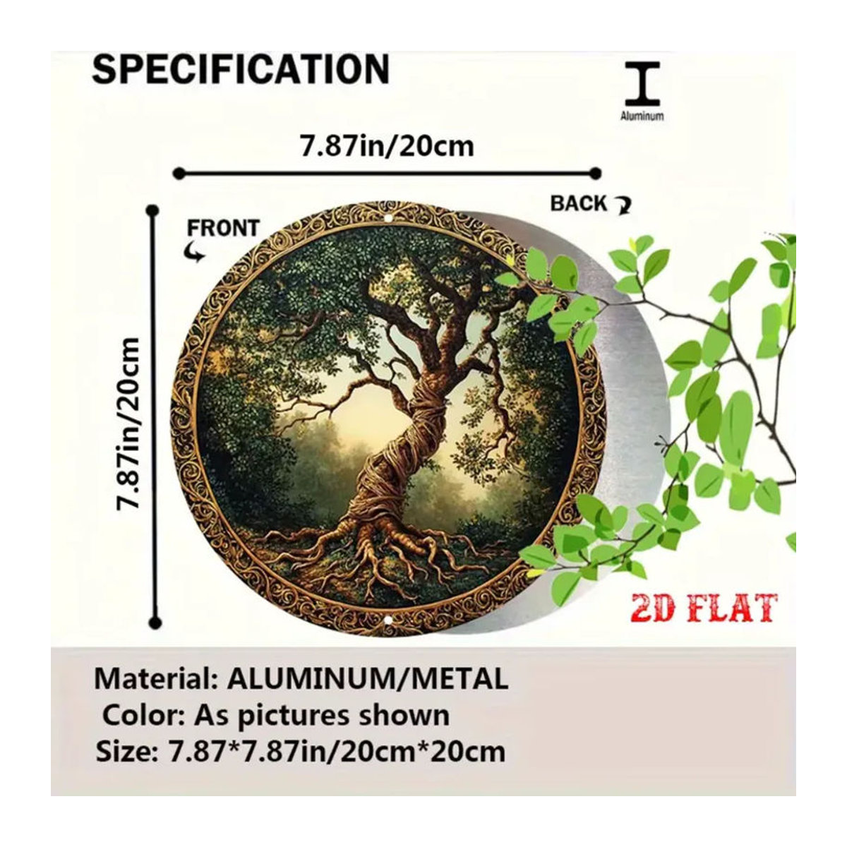 CIFBUY Vintage Baum des Lebens Wandkunst aus Metall in Gold und Mehrfarbig, Runde Aluminium Dekoration mit Blättern, Durchmesser: 19,8 cm - Bild 2