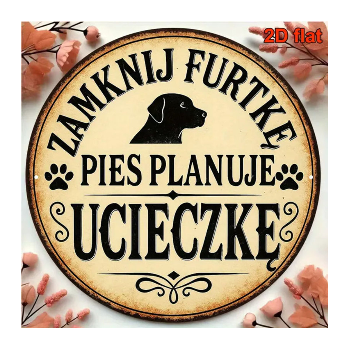CIFBUY Vintage Rundes Aluminium-Schild Dog Escape Program in Beige als Rustikale Metall-Wanddekoration für Tiere und Garten - Bild 1