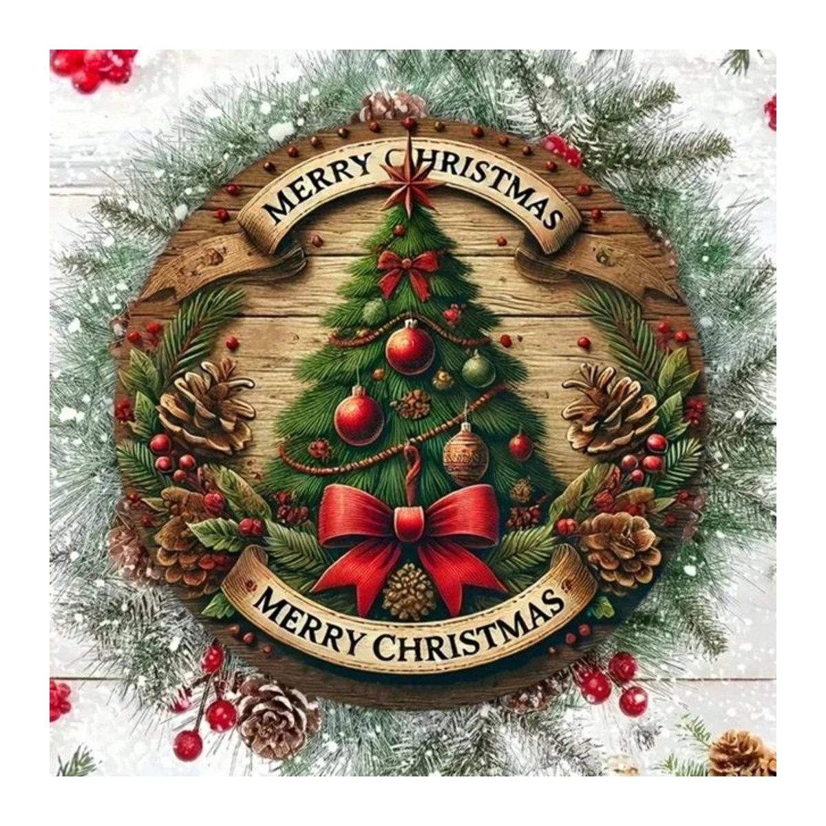 CIFBUY Vintage Weihnachtsbaum-Schild aus Metall und Holz, rundes Weihnachtsdekor in Mehrfarbig für den Bauernhaus-Stil - Bild 1