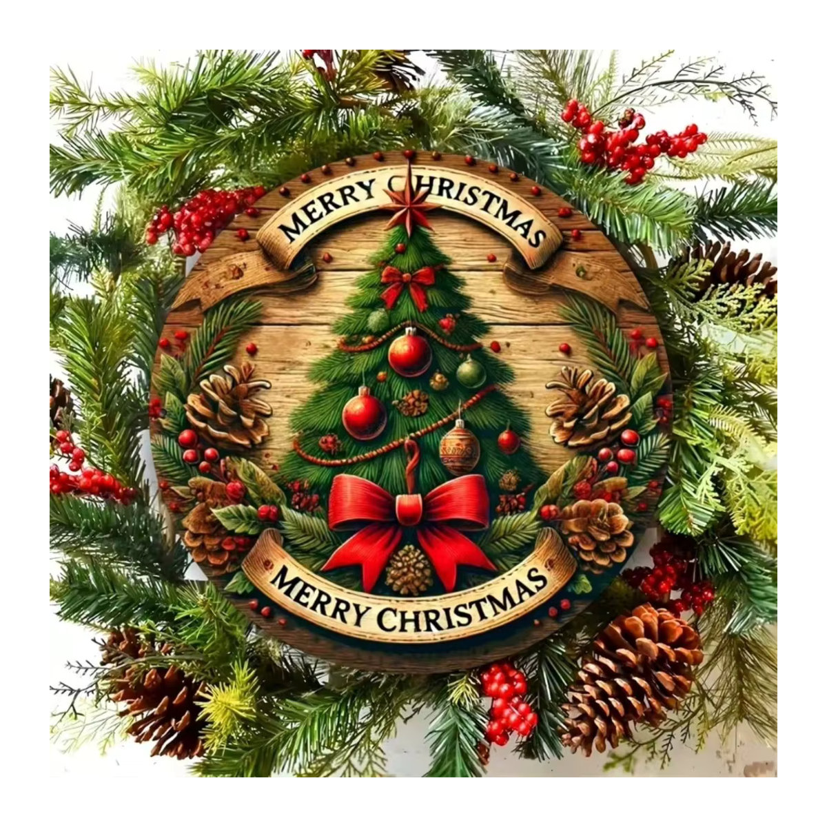 CIFBUY Vintage Weihnachtsbaum-Schild aus Metall und Holz, rundes Weihnachtsdekor in Mehrfarbig für den Bauernhaus-Stil - Bild 2