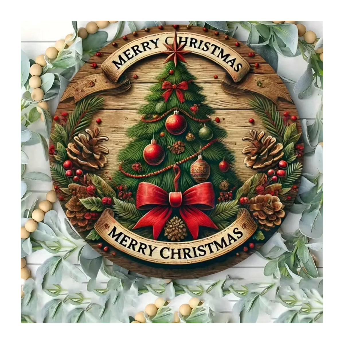 CIFBUY Vintage Weihnachtsbaum-Schild aus Metall und Holz, rundes Weihnachtsdekor in Mehrfarbig für den Bauernhaus-Stil - Bild 4