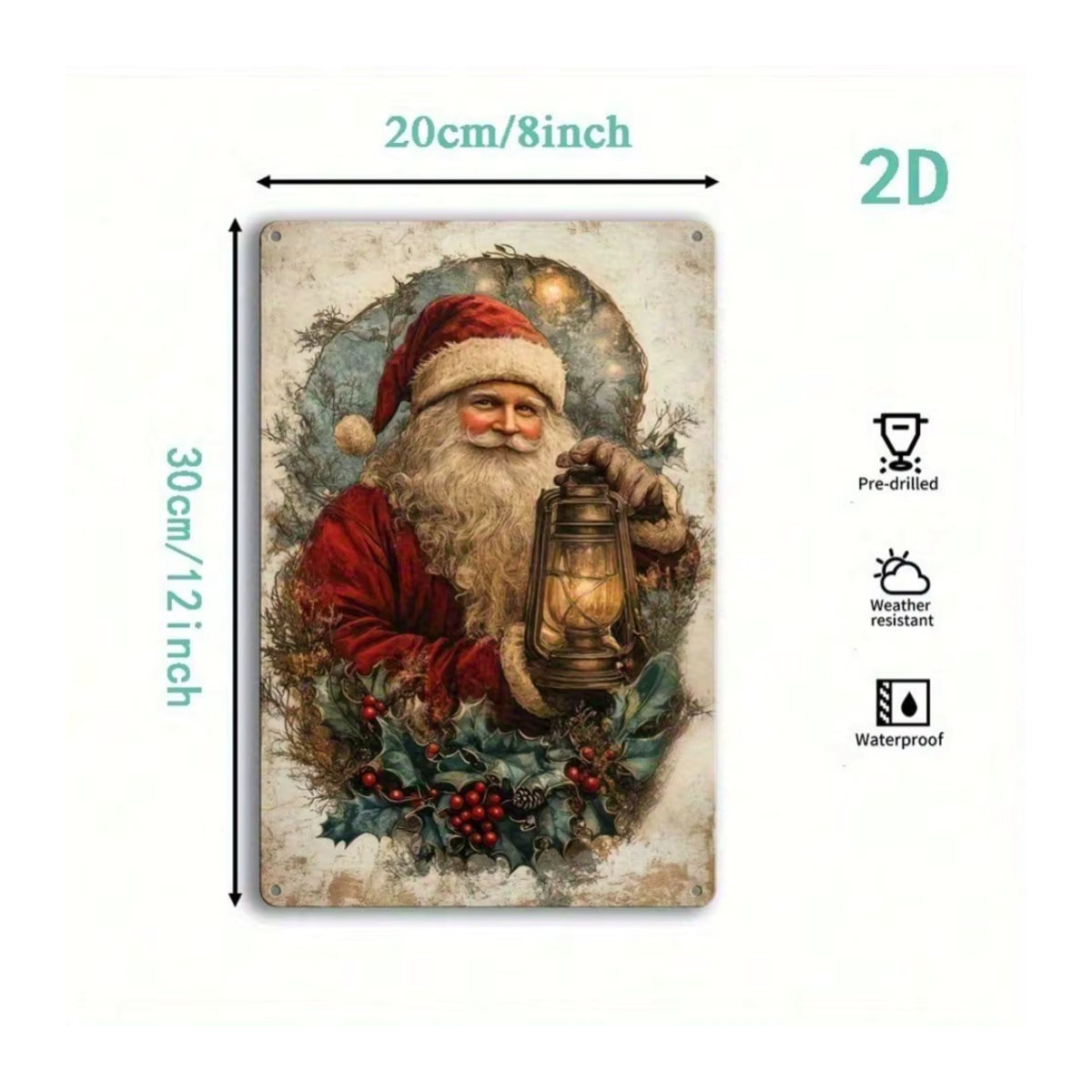CIFBUY Vintage Weihnachtsmann Metallblechschild Wandkunst mit Laterne, rustikale Weihnachtsdekoration für Innen und Außen, mehrfarbig, B: 20 cm, H: 30 cm - Bild 3
