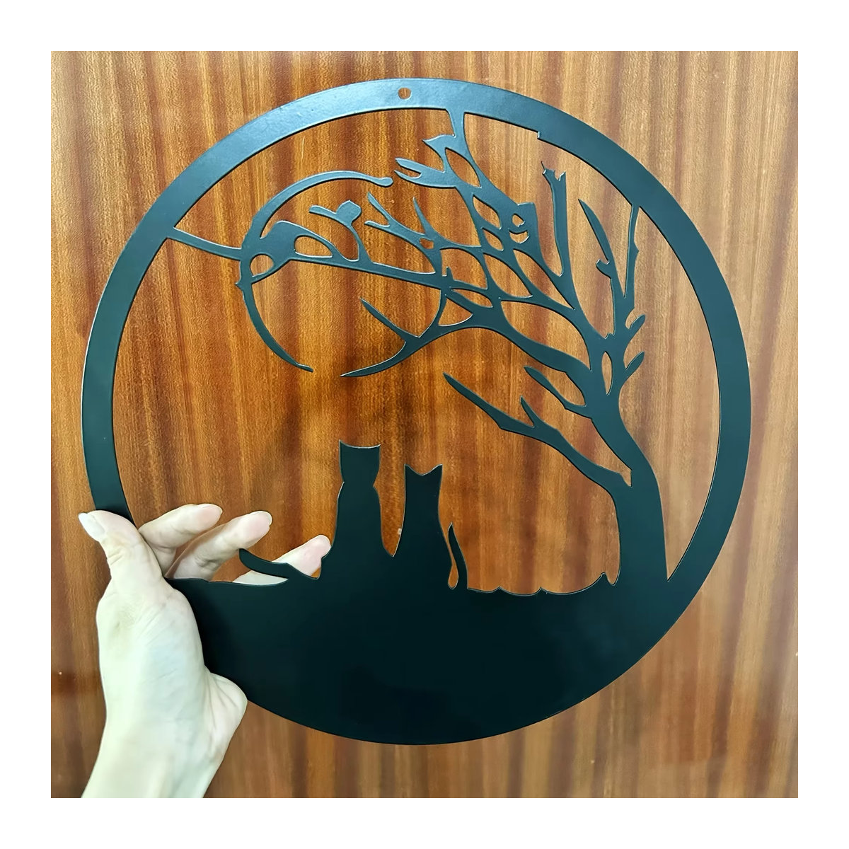 CIFBUY Wandbehang aus Metall mit Katze und Baum als dekorative Tier-Landschaft-Statue in Schwarz - Bild 4