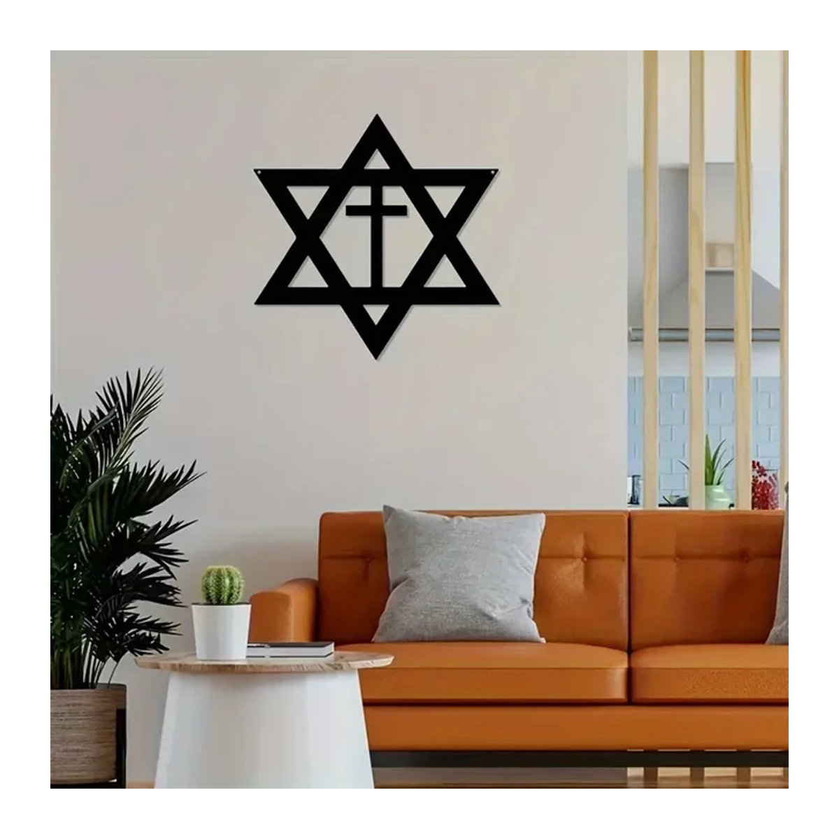 CIFBUY Wanddekoration aus Metall mit Stern von David und Kreuz in Schwarz, minimalistische geometrische Wandgrafik - Bild 1