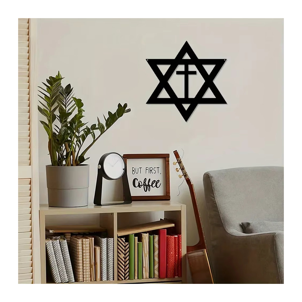 CIFBUY Wanddekoration aus Metall mit Stern von David und Kreuz in Schwarz, minimalistische geometrische Wandgrafik - Bild 3