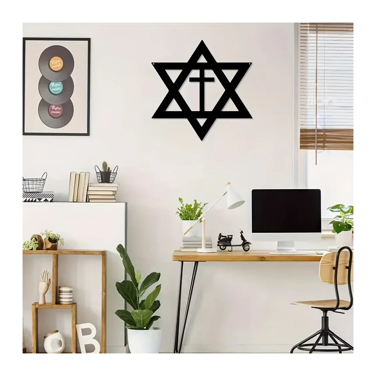 CIFBUY Wanddekoration aus Metall mit Stern von David und Kreuz in Schwarz, minimalistische geometrische Wandgrafik - Bild 5