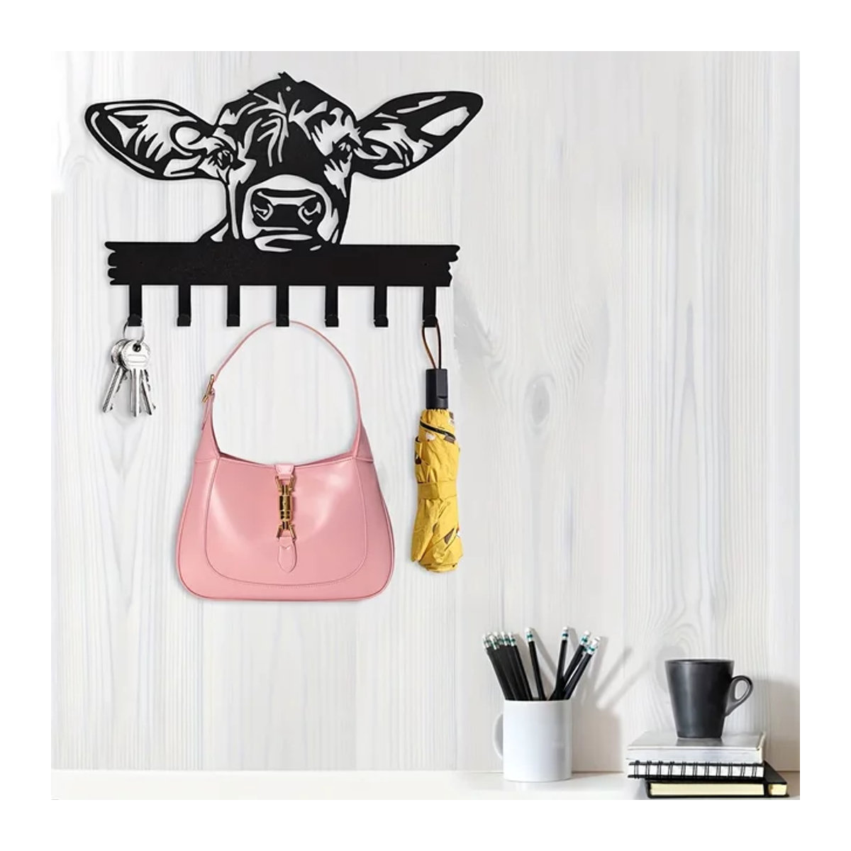 CIFBUY Wandgarderobe in Kuhform mit 7 Haken aus Metall, Schwarz, Dekorativer Kleiderhaken für Kinder und Wohnraum - Bild 1