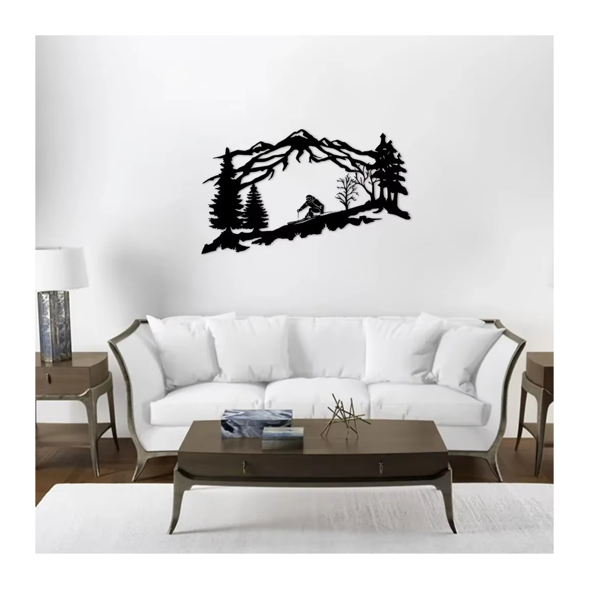 CIFBUY Wandkunst aus Metall mit Berg- und Bäumenmotiv in Schwarz als moderne Wanddekoration für Skifahrer - Bild 3