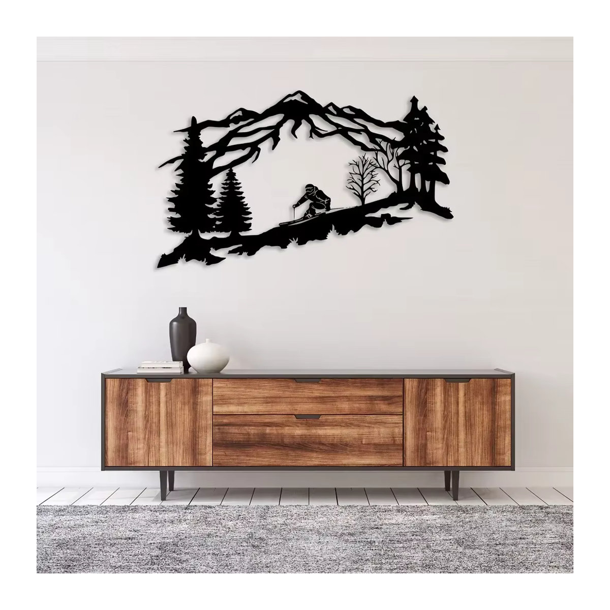 CIFBUY Wandkunst aus Metall mit Berg- und Bäumenmotiv in Schwarz als moderne Wanddekoration für Skifahrer - Bild 4