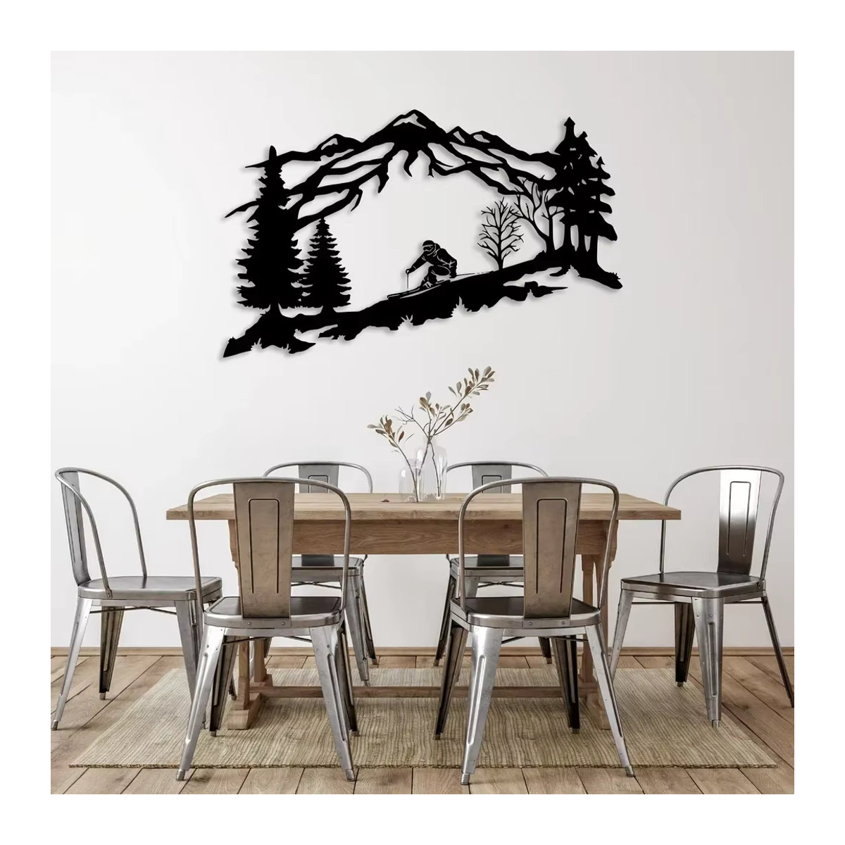 CIFBUY Wandkunst aus Metall mit Berg- und Bäumenmotiv in Schwarz als moderne Wanddekoration für Skifahrer - Bild 5
