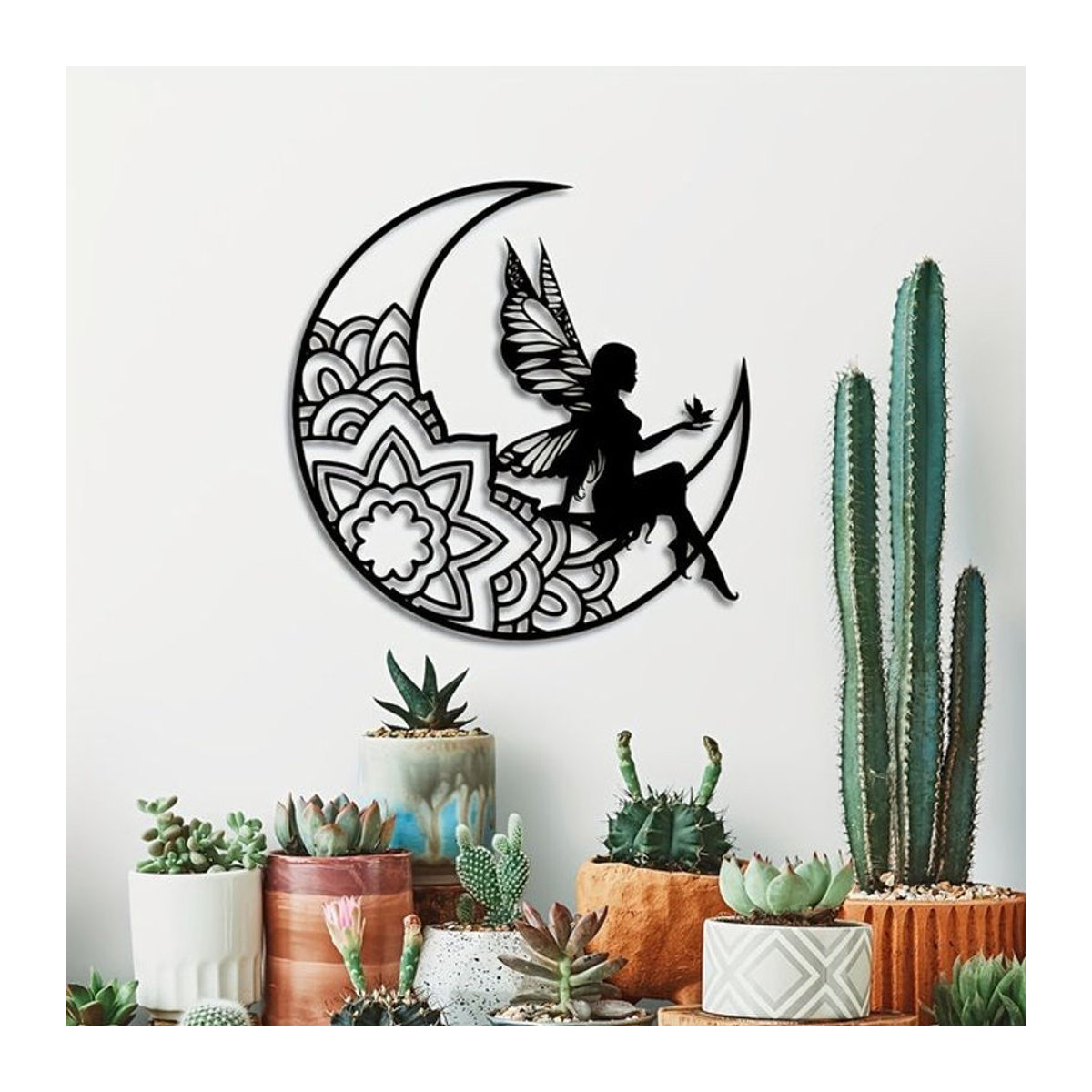 CIFBUY Wandkunst aus Metall Mond und Fee als 3D Silhouette in Schwarz für dein Zuhause und Outdoor-Dekoration im Bohemian-Stil - Bild 1