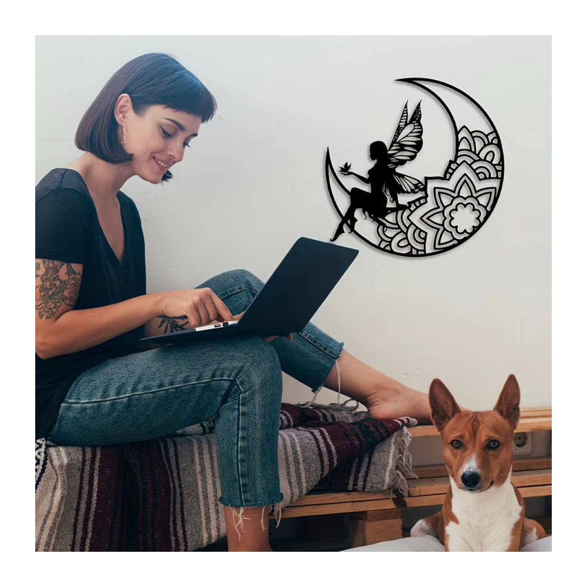 CIFBUY Wandkunst aus Metall Mond und Fee als 3D Silhouette in Schwarz für dein Zuhause und Outdoor-Dekoration im Bohemian-Stil - Bild 2