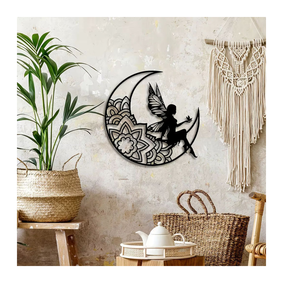 CIFBUY Wandkunst aus Metall Mond und Fee als 3D Silhouette in Schwarz für dein Zuhause und Outdoor-Dekoration im Bohemian-Stil - Bild 4