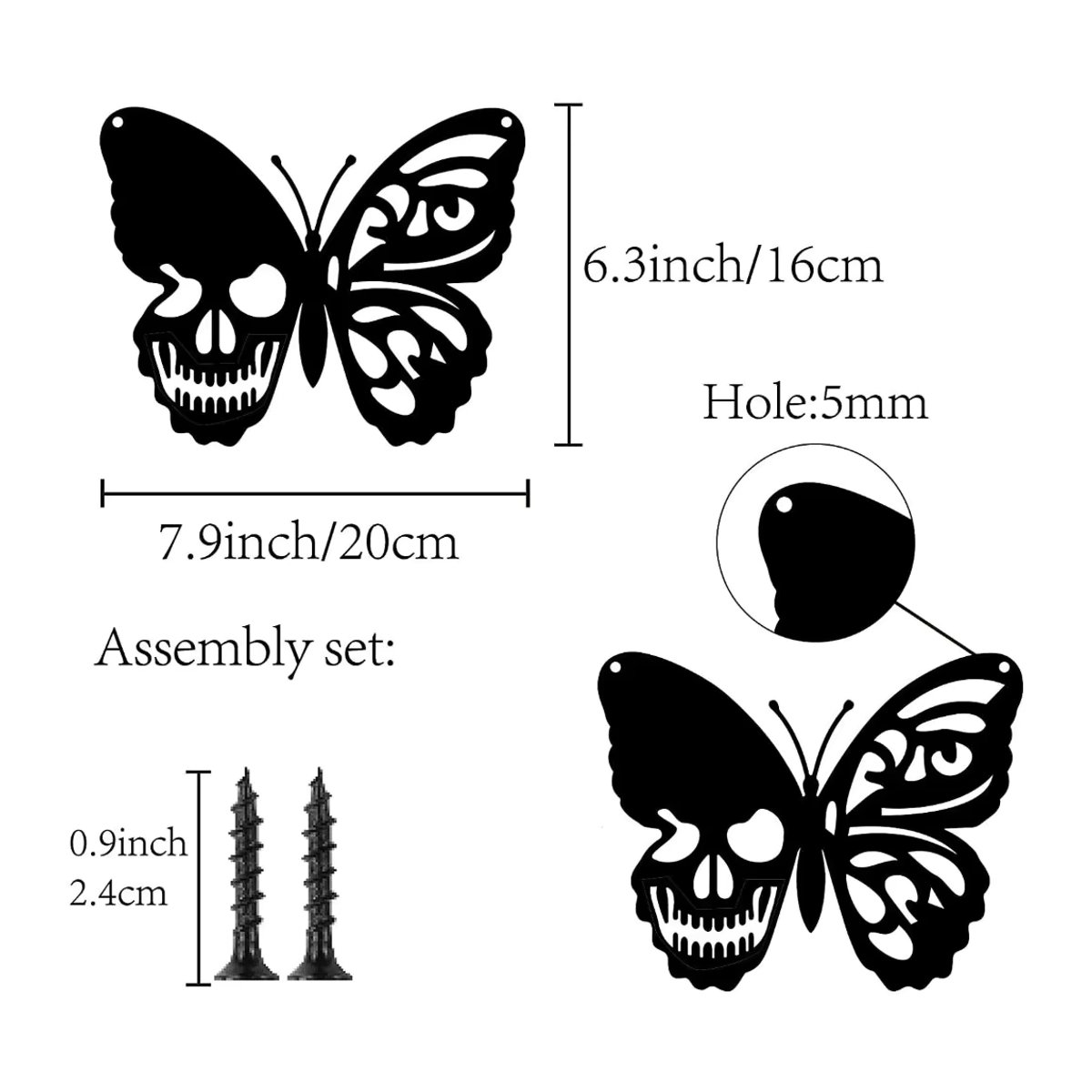 CIFBUY Wandkunst aus Metall Schädel und Schmetterling in Schwarz als Wandbehang und Ornament für Halloween - Bild 2
