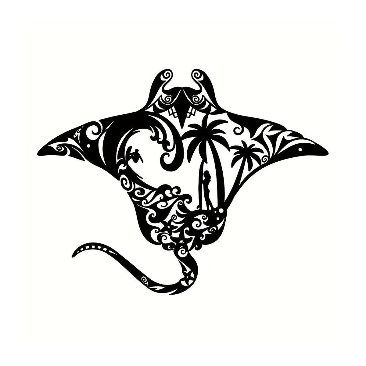 CIFBUY Wandkunst Manta-Ray aus Metall in Schwarz, Maritimes Wanddekor mit Wellen und Surfbrett im abstrakten Design - Bild 2