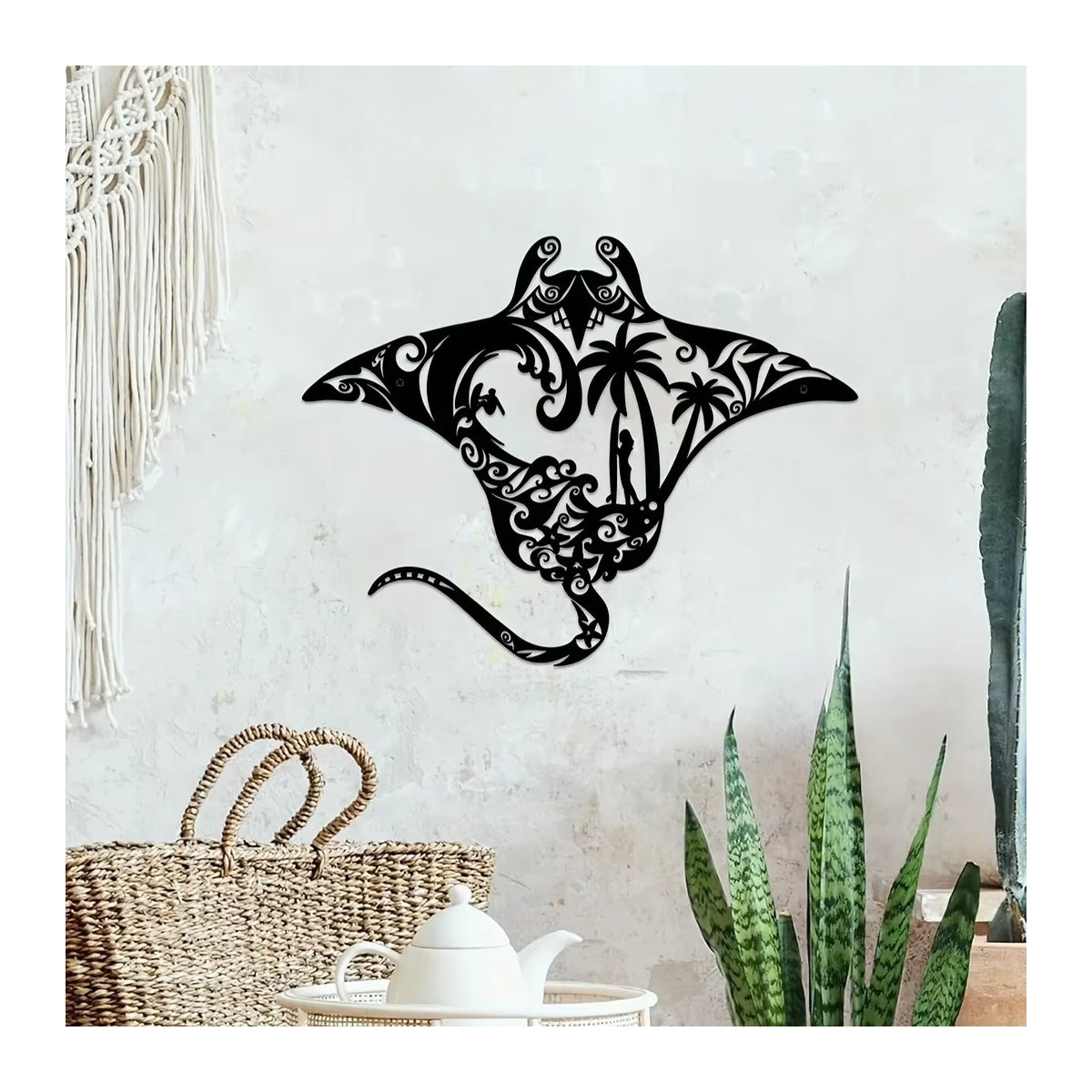CIFBUY Wandkunst Manta-Ray aus Metall in Schwarz, Maritimes Wanddekor mit Wellen und Surfbrett im abstrakten Design - Bild 6