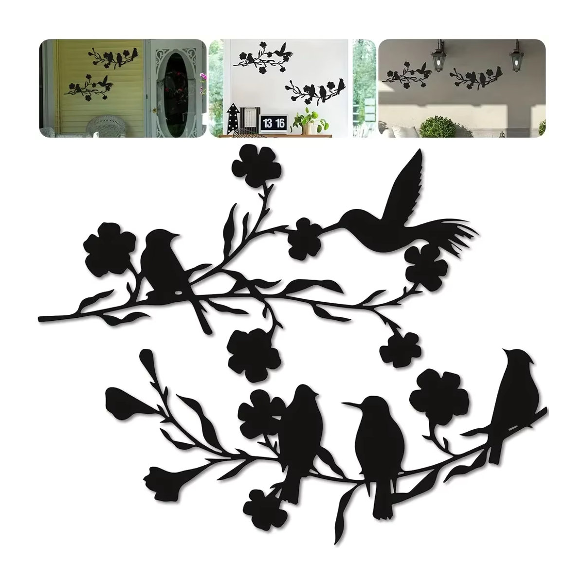 CIFBUY Wandkunst Metall-Vogel Skulptur mit Zweigen und Blumen in Schwarz für Haus und Garten - Bild 5