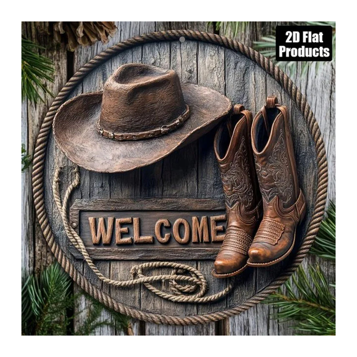 CIFBUY Western Welcome Rustikales Metall Wanddekor Schild mit Cowboyhut und Stiefel Design, Braun, B/H: 20,32 x 20,32 cm - Bild 1