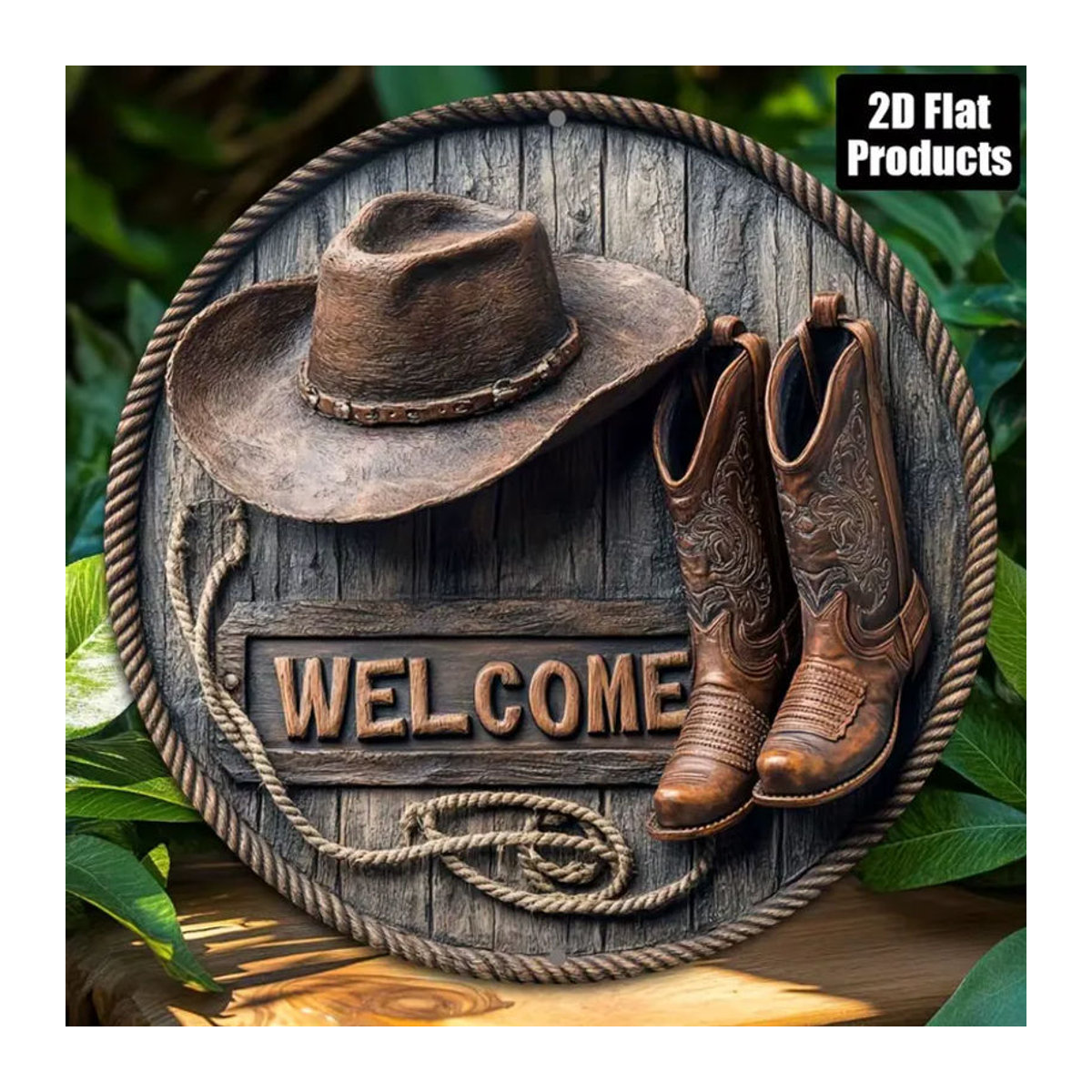 CIFBUY Western Welcome Rustikales Metall Wanddekor Schild mit Cowboyhut und Stiefel Design, Braun, B/H: 20,32 x 20,32 cm - Bild 2