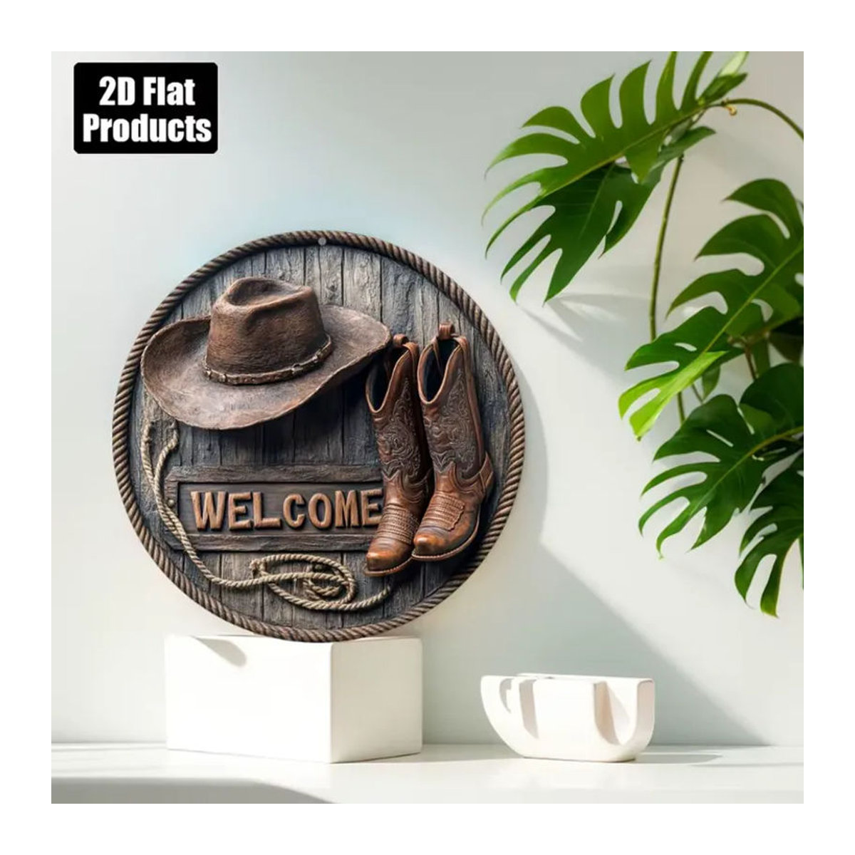 CIFBUY Western Welcome Rustikales Metall Wanddekor Schild mit Cowboyhut und Stiefel Design, Braun, B/H: 20,32 x 20,32 cm - Bild 3