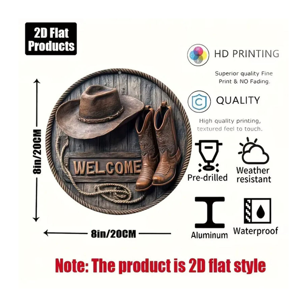 CIFBUY Western Welcome Rustikales Metall Wanddekor Schild mit Cowboyhut und Stiefel Design, Braun, B/H: 20,32 x 20,32 cm - Bild 5