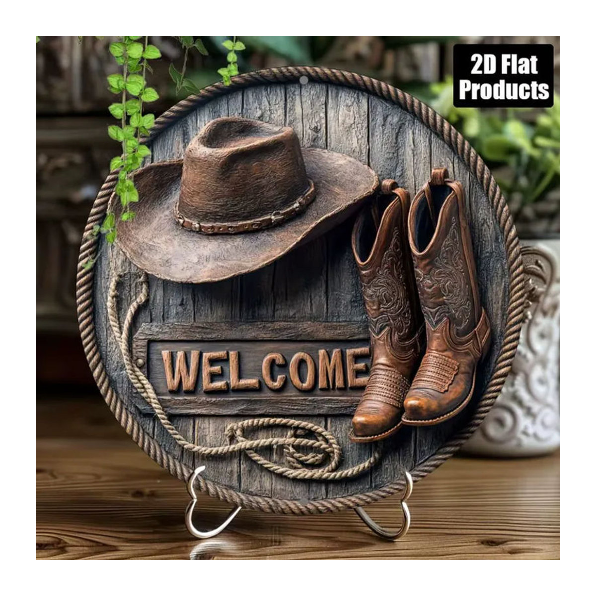 CIFBUY Western Welcome Rustikales Metall Wanddekor Schild mit Cowboyhut und Stiefel Design, Braun, B/H: 20,32 x 20,32 cm - Bild 6