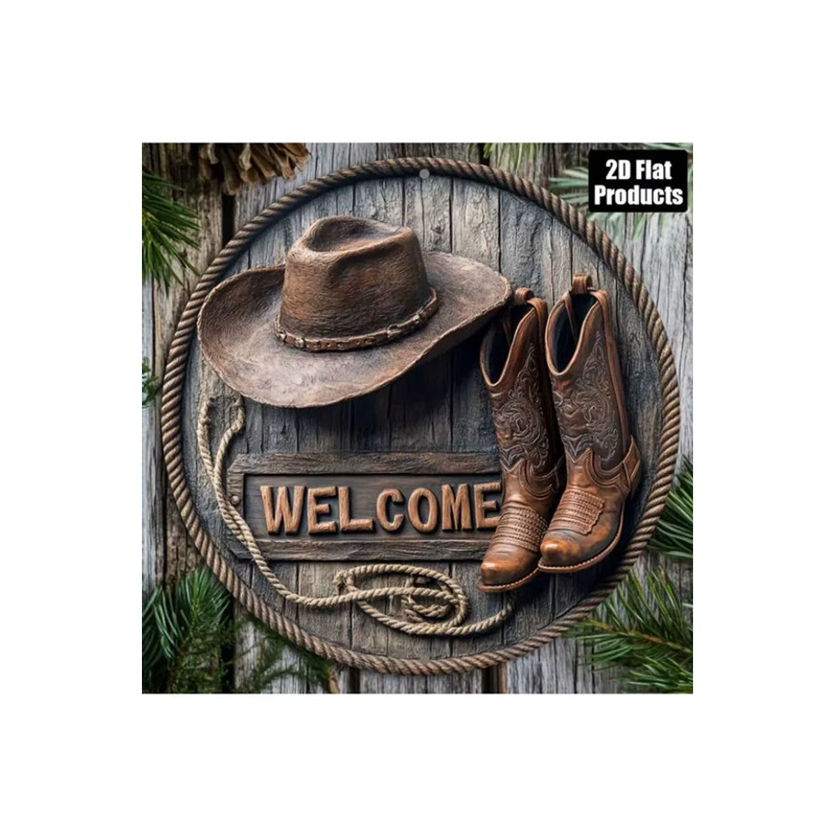 CIFBUY Western Welcome Rustikales Metall Wanddekor Schild mit Cowboyhut und Stiefel Design, Braun, B/H: 20,32 x 20,32 cm - Bild 7