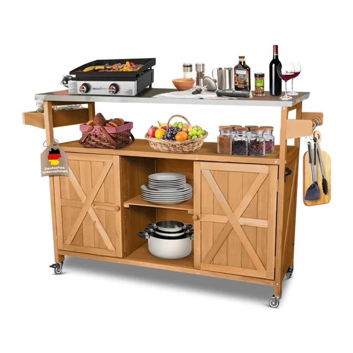 Coemo Servierwagen Grillstation James L Kücheninsel aus Holz in Natur im Landhausstil, B: 138 cm, T: 47 cm, H: 92 cm - Bild 1