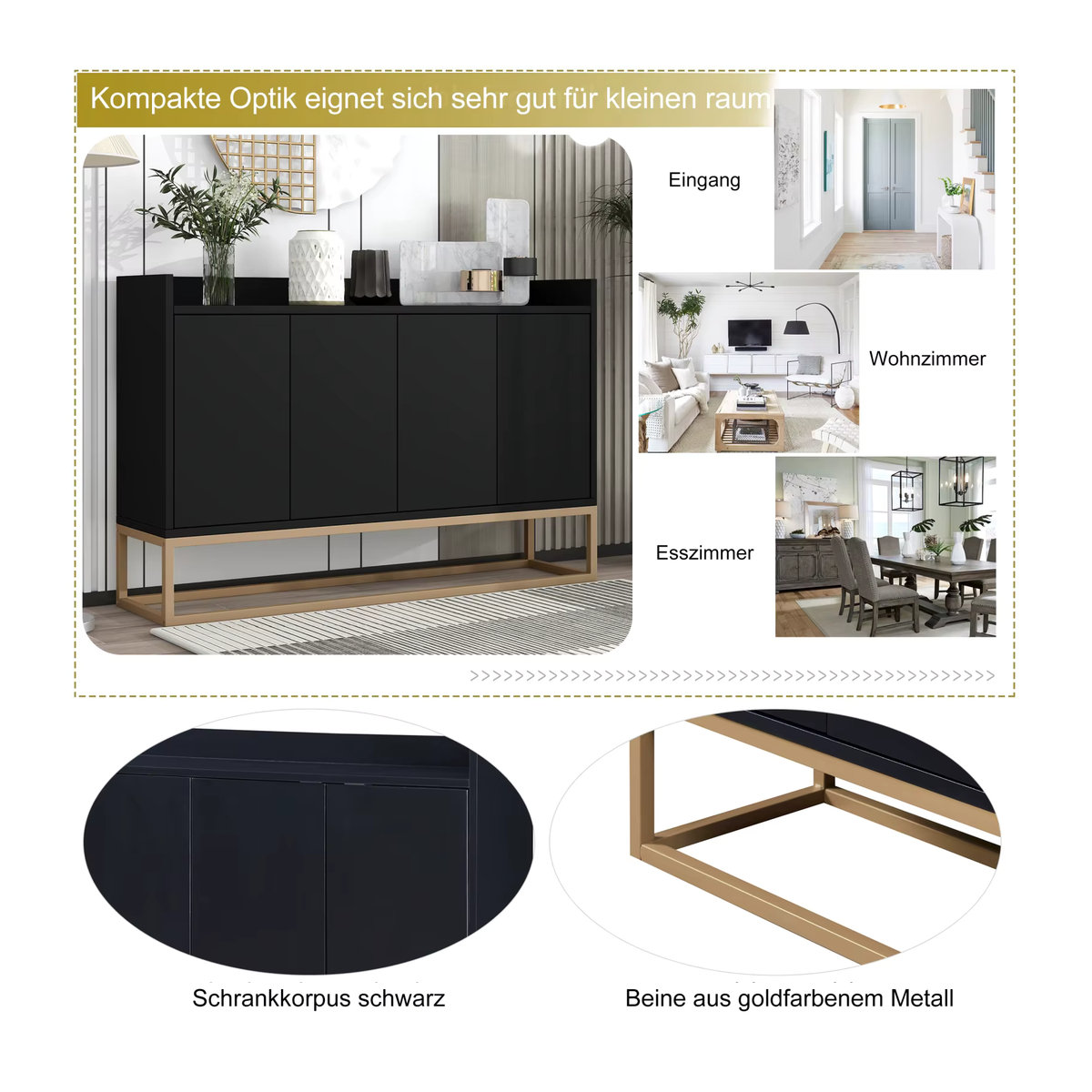 Comanlai Modernes Sideboard in Schwarz aus Metall im minimalistischen Stil mit 4 Türen - Bild 5
