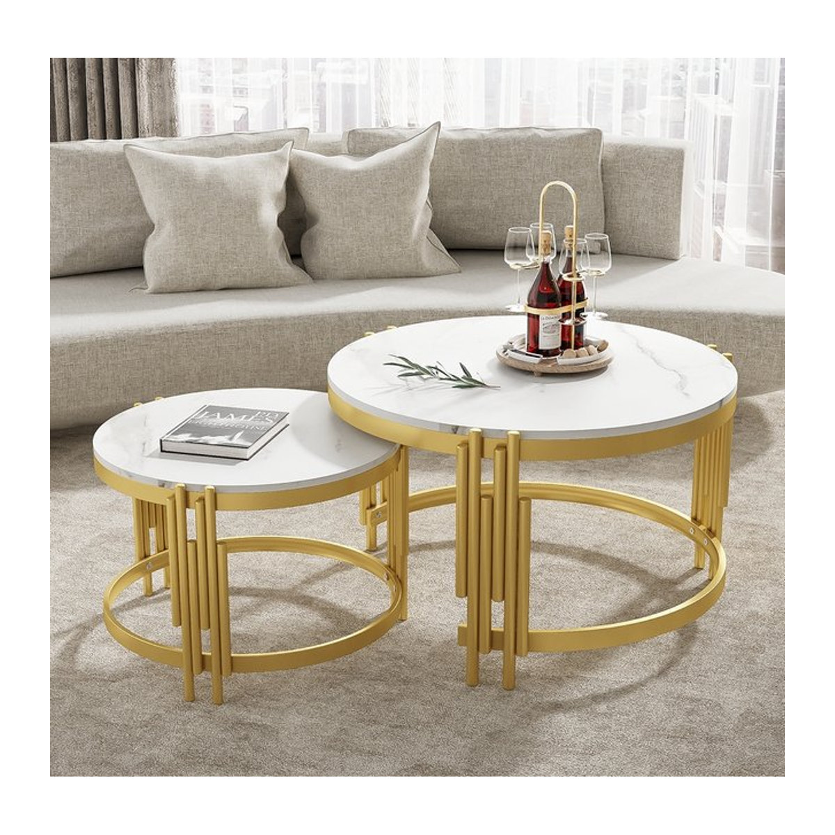 Comanlai Modulares Couchtisch-Set in Marmoroptik mit goldenem Metallrahmen, runde Beistelltische in Weiß und Gold für dein Wohnzimmer - Bild 1