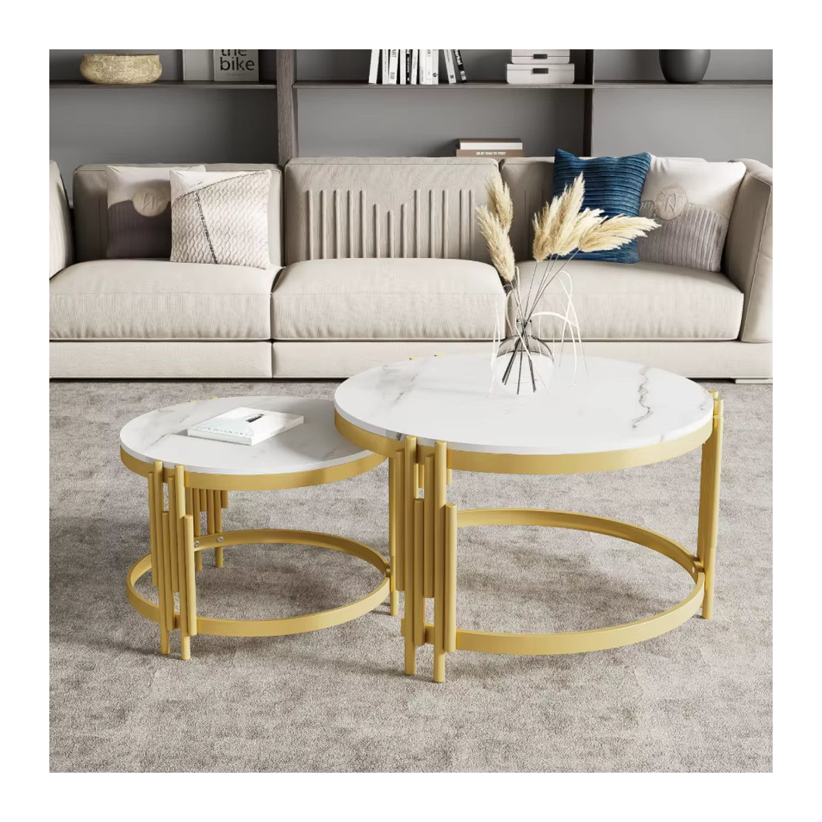 Comanlai Modulares Couchtisch-Set in Marmoroptik mit goldenem Metallrahmen, runde Beistelltische in Weiß und Gold für dein Wohnzimmer - Bild 2