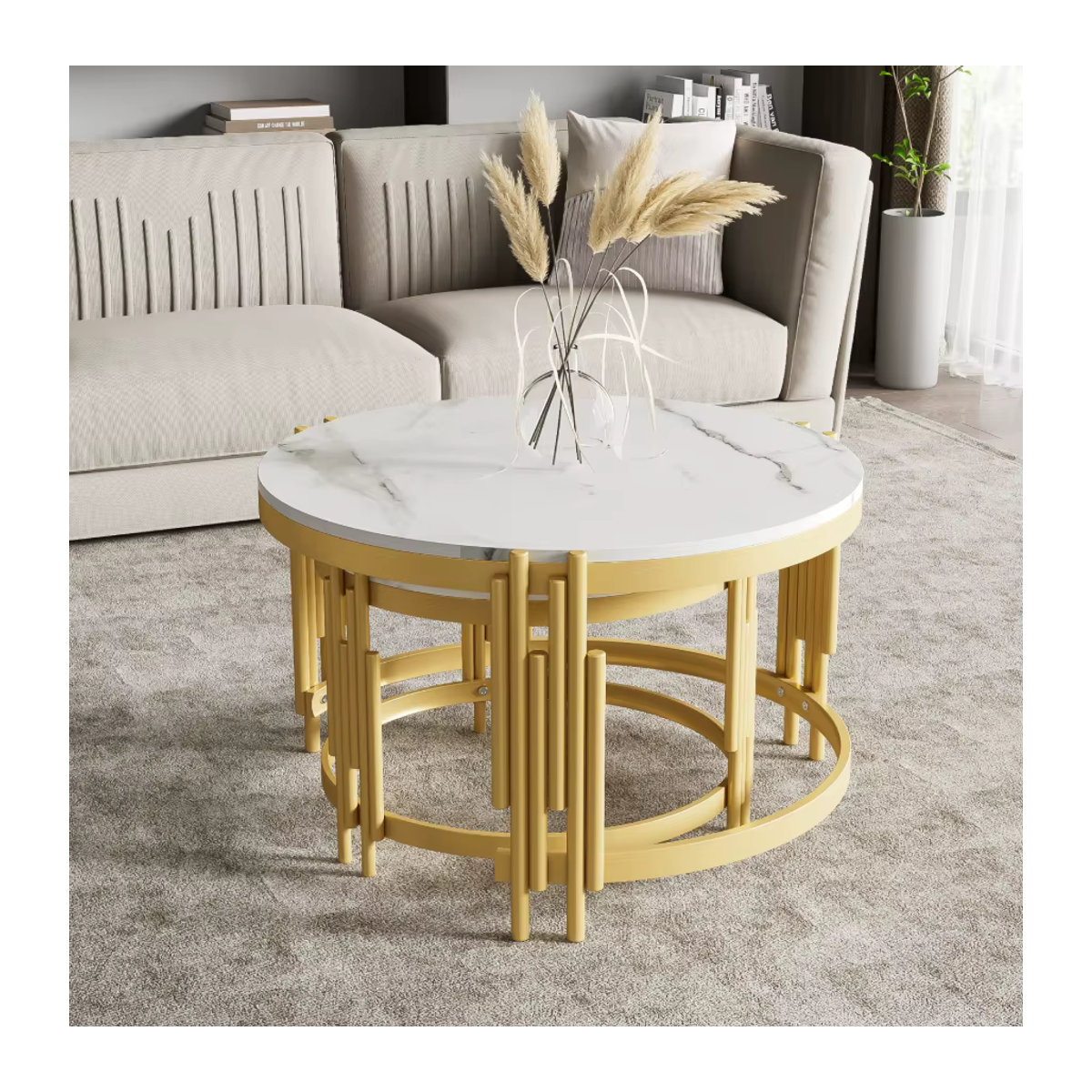 Comanlai Modulares Couchtisch-Set in Marmoroptik mit goldenem Metallrahmen, runde Beistelltische in Weiß und Gold für dein Wohnzimmer - Bild 3