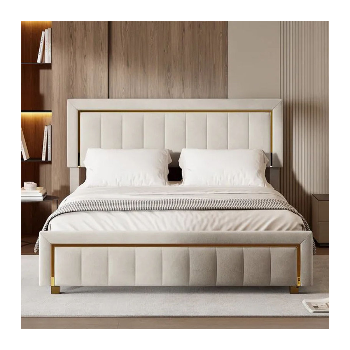Comanlai Polsterbett aus Samt mit hydraulischem Stauraum und Goldrahmenkanten, Modernes Doppelbett mit Vertikalstreifen, B/T: 140 x 200 cm, Beige oder Schwarz - Bild 1