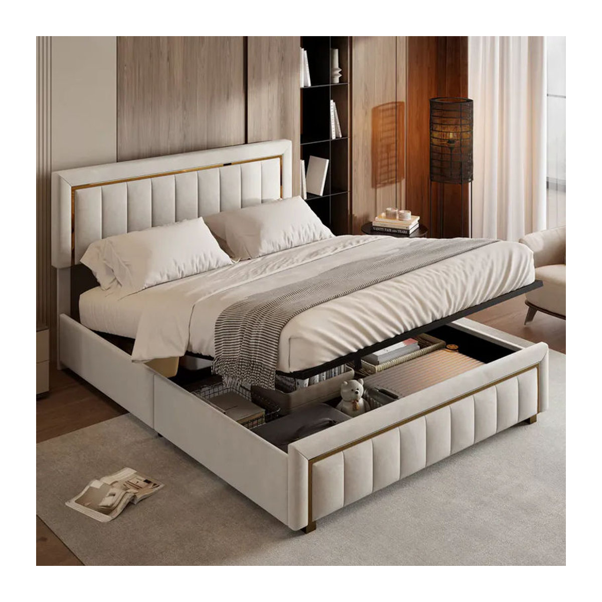 Comanlai Polsterbett aus Samt mit hydraulischem Stauraum und Goldrahmenkanten, Modernes Doppelbett mit Vertikalstreifen, B/T: 140 x 200 cm, Beige oder Schwarz - Bild 2