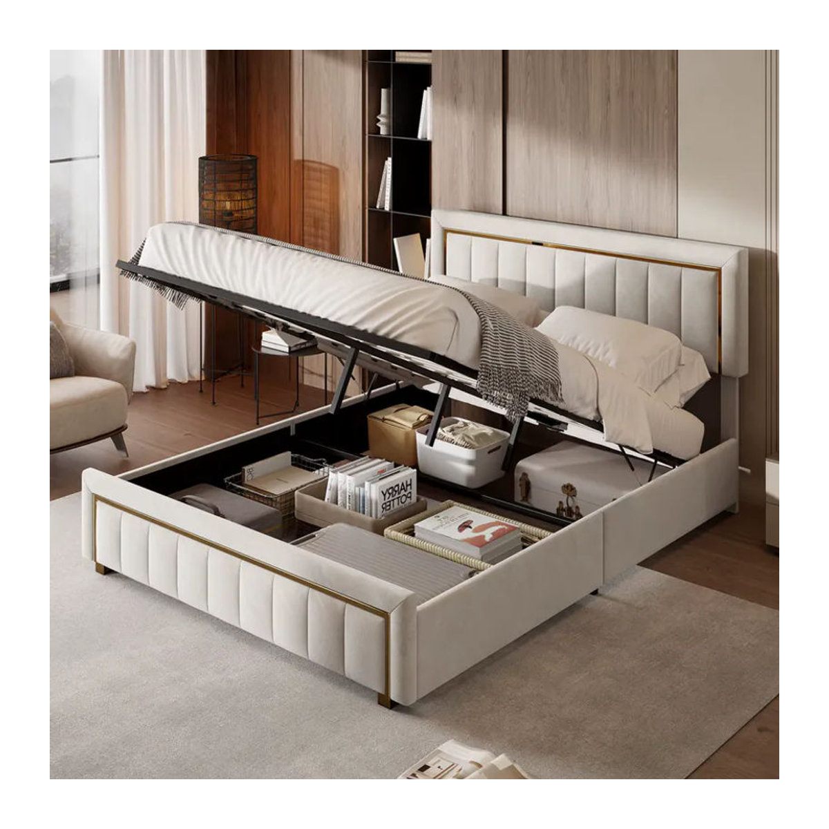 Comanlai Polsterbett aus Samt mit hydraulischem Stauraum und Goldrahmenkanten, Modernes Doppelbett mit Vertikalstreifen, B/T: 140 x 200 cm, Beige oder Schwarz - Bild 3