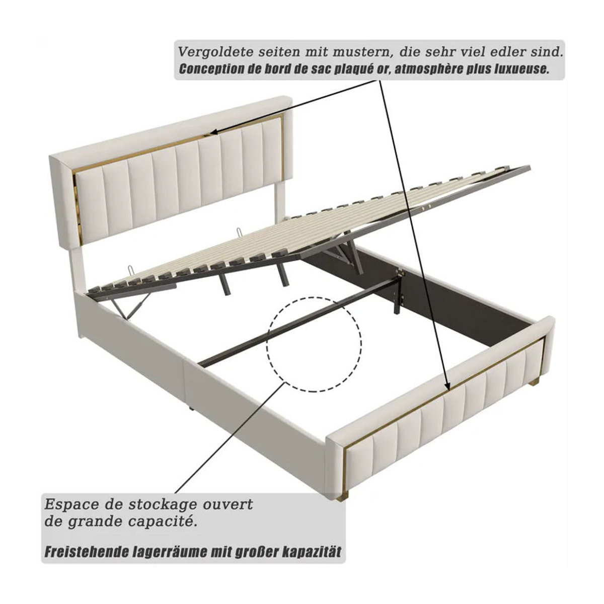 Comanlai Polsterbett aus Samt mit hydraulischem Stauraum und Goldrahmenkanten, Modernes Doppelbett mit Vertikalstreifen, B/T: 140 x 200 cm, Beige oder Schwarz - Bild 4