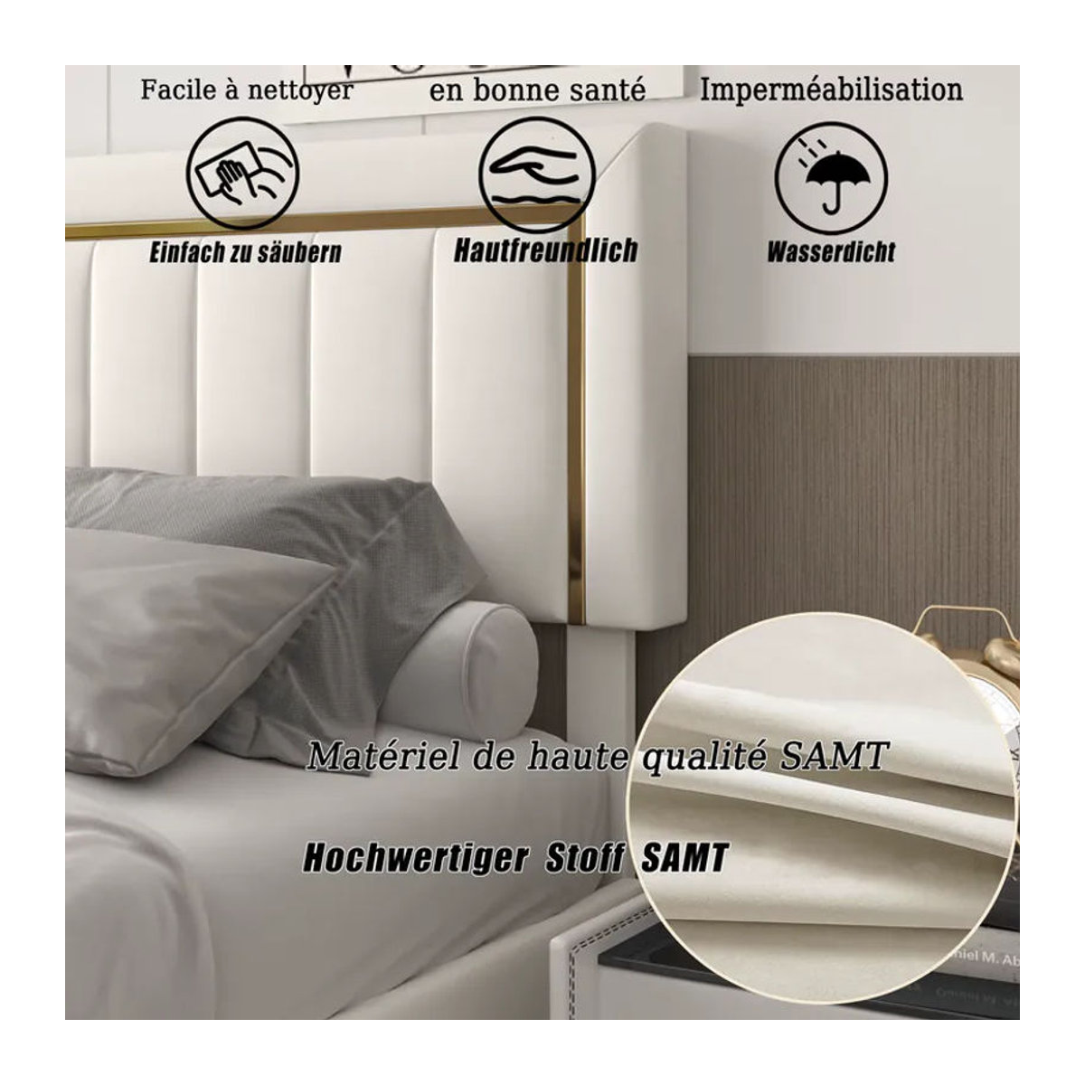 Comanlai Polsterbett aus Samt mit hydraulischem Stauraum und Goldrahmenkanten, Modernes Doppelbett mit Vertikalstreifen, B/T: 140 x 200 cm, Beige oder Schwarz - Bild 5